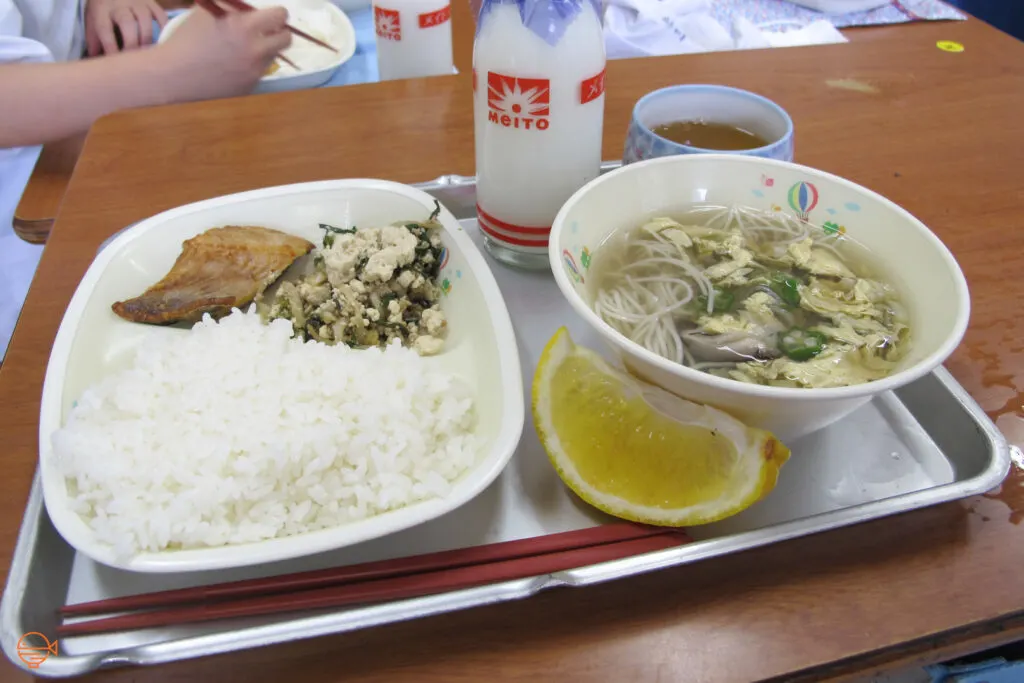 A serving of rice, a piece of fish, and a side salad with tofu, brown seaweed and quinoa. To the right is a bowl of thin somen noodles in soup with egg, okra and mushroom. Also on the tray is a slice of orange, a cup of hot hojicha tea and a bottle of cold milk.
