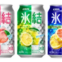 Three cans of Kirin&rsquo;s &ldquo;Hyoketsu&rdquo; chuhai brand lined up in a row. The first is peach-flavored in a pink and silver can, and contains 3% alcohol. The 2nd is sour lemon-flavored and is in a green and silver can with 4% alcohol, and the 3rd is grapefruit-flavored in a royal blue and silver can with 5% alcohol content.