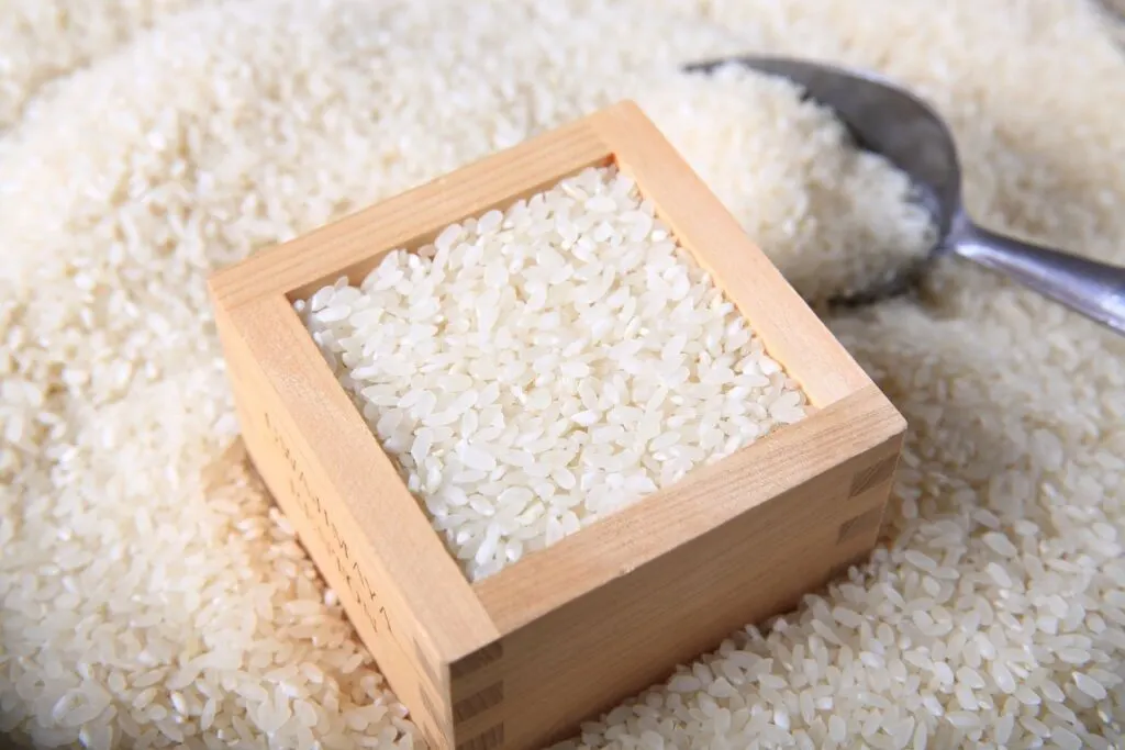 A square wooden masu cup is filled with rice and leveled off to show its usage as a measurement cup. It sits on a large open container of rice with a metal scoop to the right of the masu.