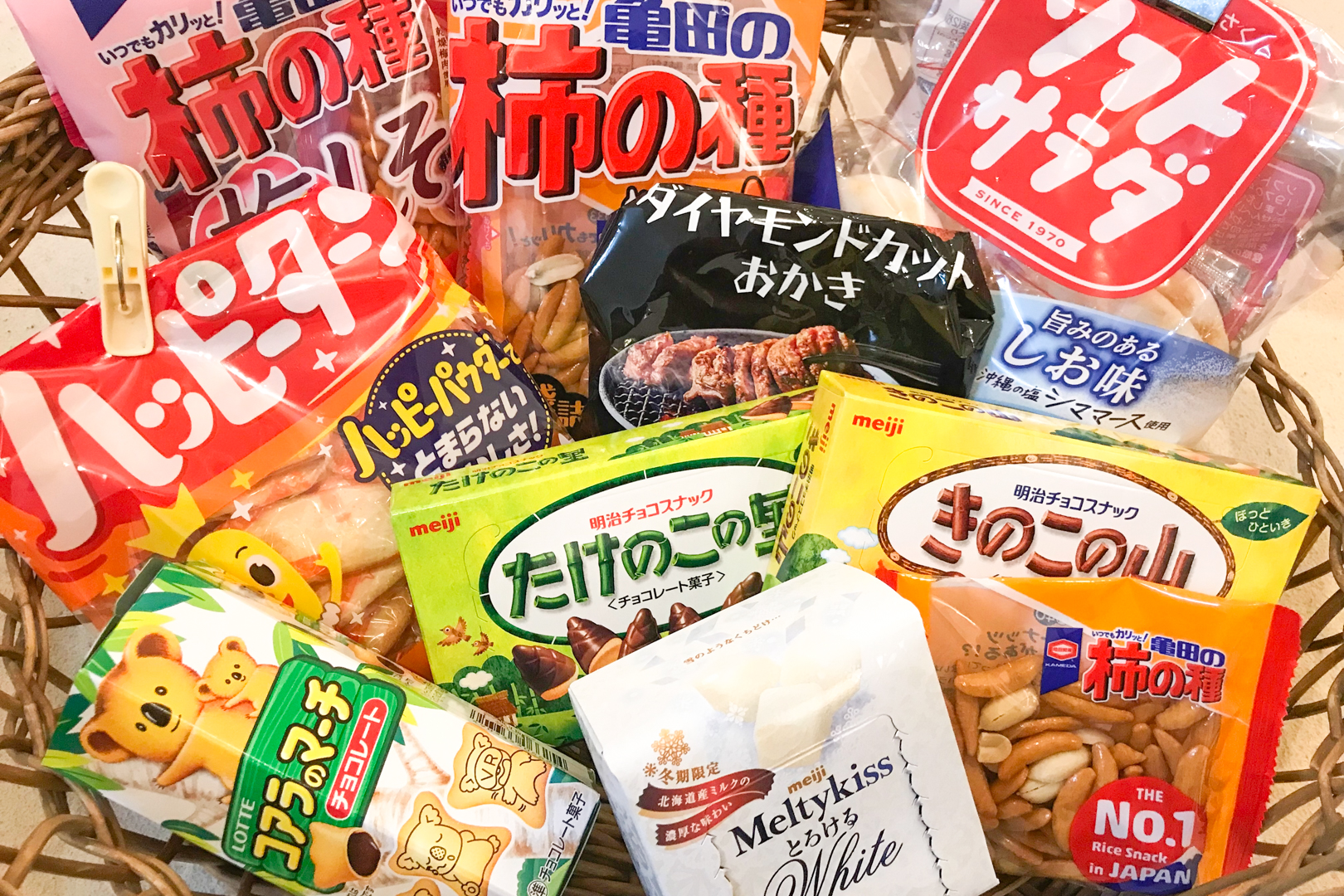 Popular Japanese snacks: A range of Japanese supermarket snacks in a cane basket - from cookies to chocolate, chips and rice crackers.