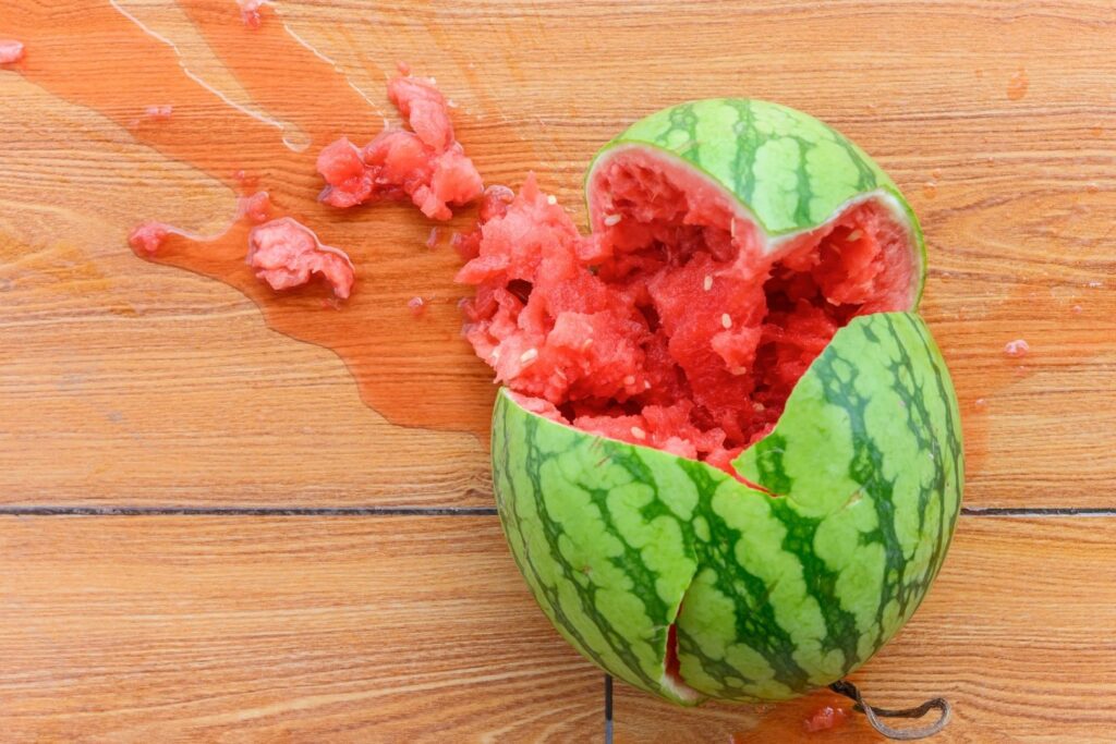 The aftermath of suikawari: A whole watermelon sitting on a wooden surface. The watermelon has been cracked open in a haphazard manner. The pink flesh can be seen between the top and bottom halves and some of the flesh and juice is spilling out towards the top left of the image.