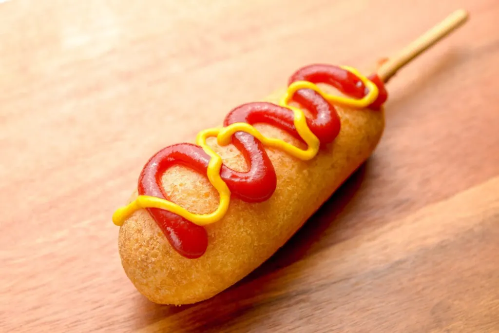An American dog sitting directly on a wooden table. It is battered on.a stick with a drizzling of ketchup and mustard. 