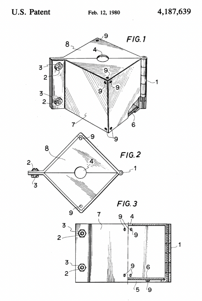 Sketches of the box design (with three figures or drawings) for Tomoyuki Ono's square watermelon box US patent application.