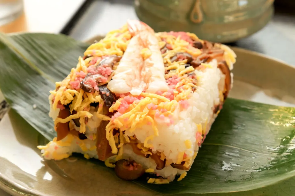 Yamaguchi food: An example of Iwakuni-zushi, a type of layered sushi that has been compressed into a box shape and contains various toppings.