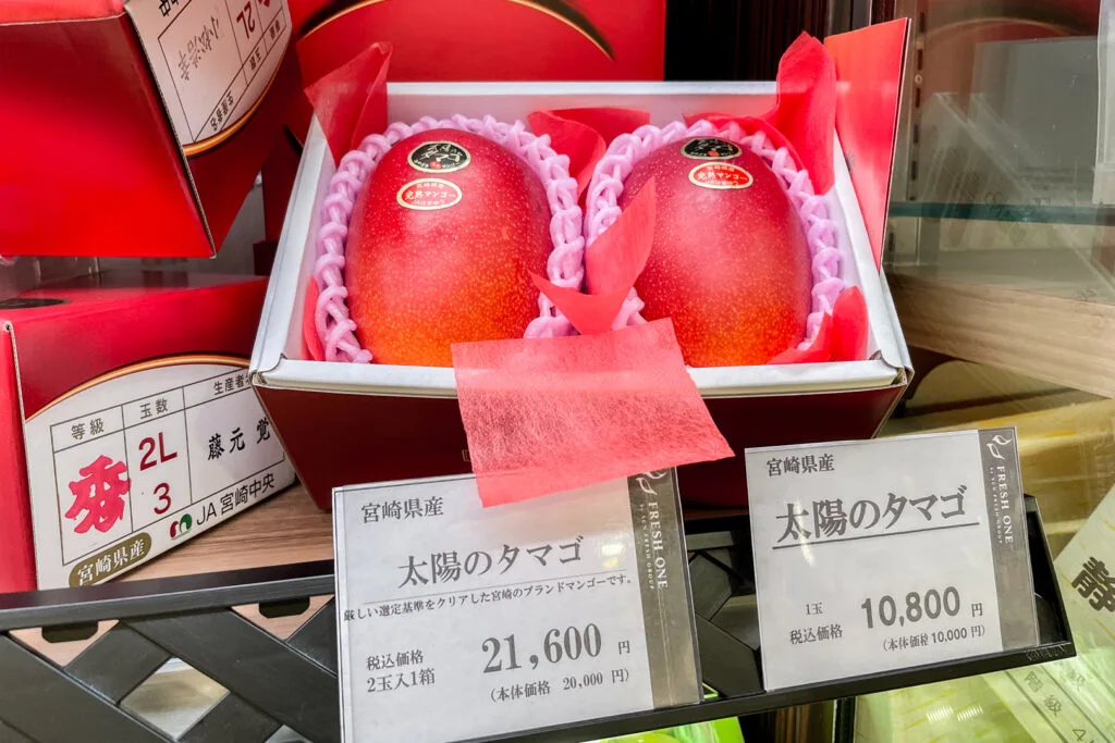A box of two 'Taiyō no Tamago' Miyazaki mangoes at a store. In front of the box the prices are listed as 21,600 yen for two (20,000 yen before tax) and 10,800 yen for one (10,000 yen before tax).